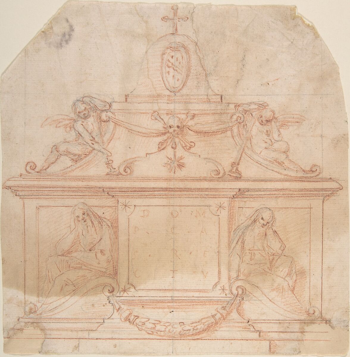 Tomb Monument with Crucifix and Coat of Arms, Anonymous, Italian, 17th century, Red chalk, over graphite underdrawing and ruled construction 