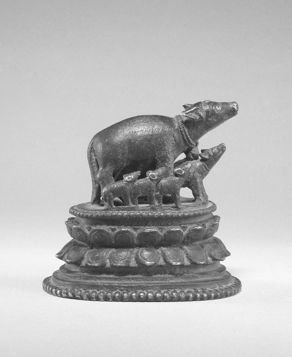 Marichi, the Goddess of Dawn, with Seven Pigs, Bronze with silver inlay, India (Bihar) 