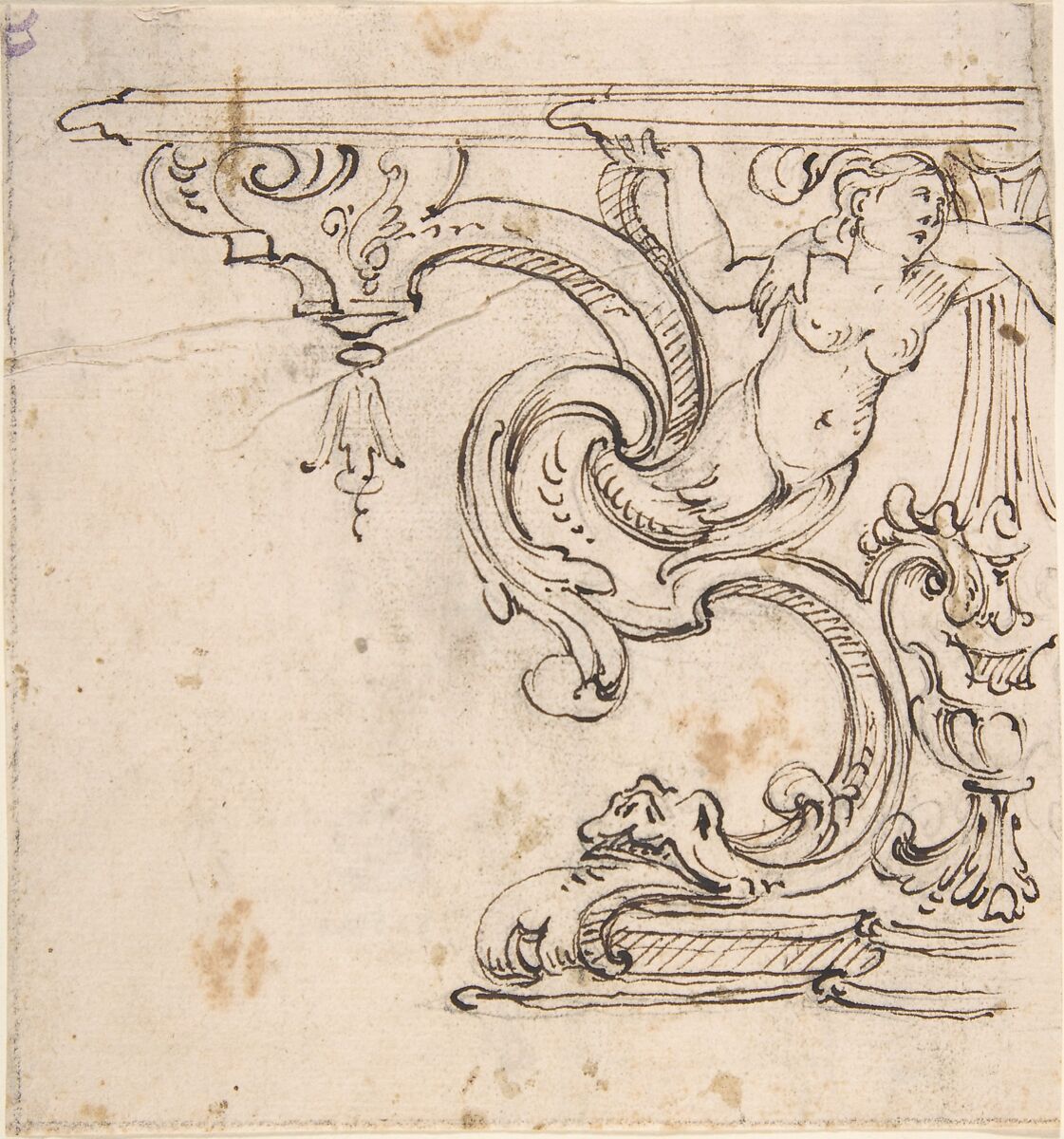 Left Side of the Design for a Table with the Figure of a Siren, Anonymous, Italian, 17th century, Pen and brown ink, over black chalk 
