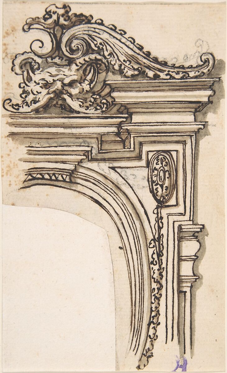 Fragment of Frame Design (Recto); Sketch of a Man's Head in Profile (Verso), Anonymous, Italian, 17th or 18th century, Pen and brown ink, brush and brown wash, over graphite underdrawing (recto); graphite (verso) 