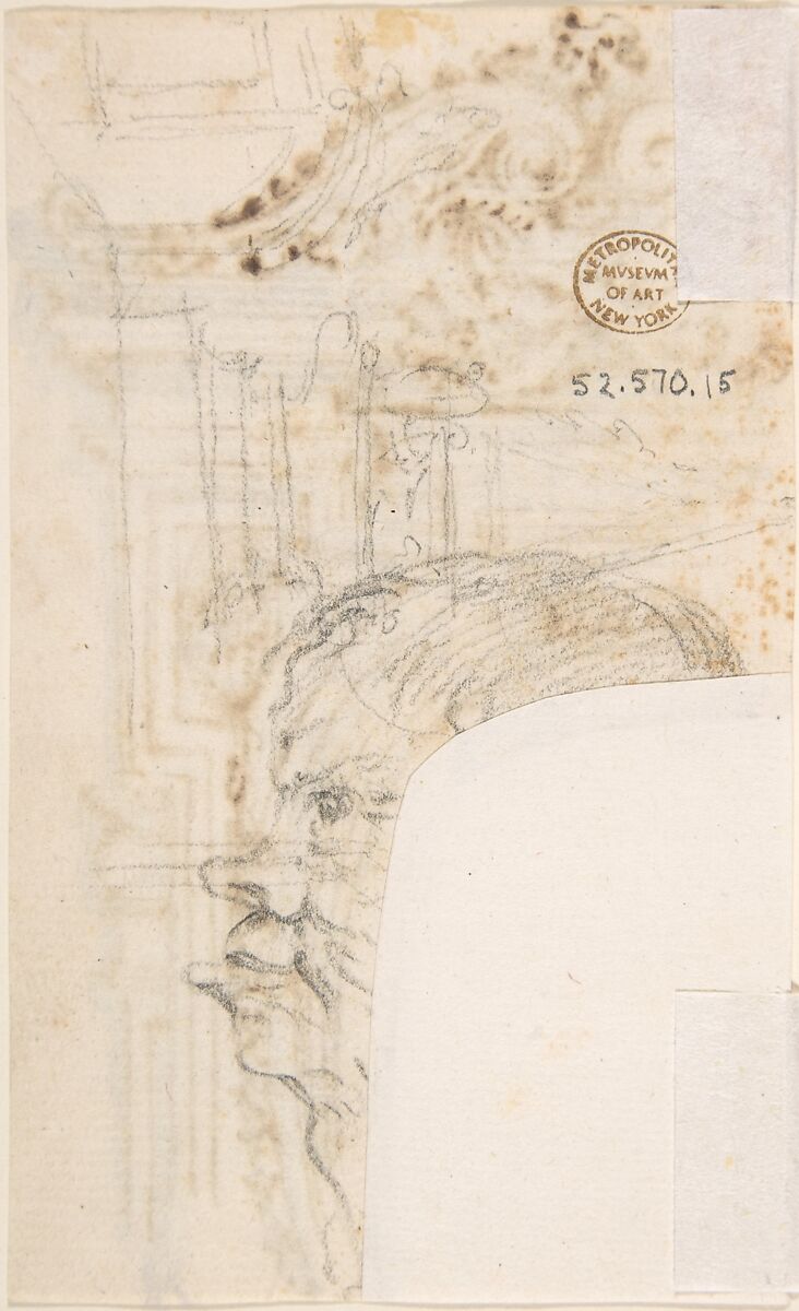 Fragment of Frame Design (recto); Sketch of a Man's Head in Profile (verso), Anonymous, Italian, 17th or 18th century, Pen and brown ink, brush and brown wash, over graphite (recto); graphite (verso)