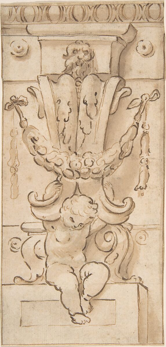 Design for a Console supported by Putto (recto); Architectural Arcade (verso), Anonymous, Italian, 17th century, Pen and brown ink, brush and brown wash, over traces of graphite underdrawing and ruled construction