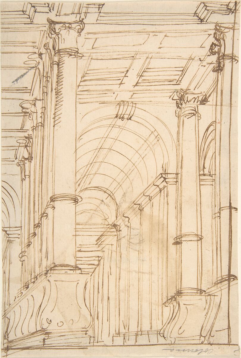 Interior with Columns and Vault, Anonymous, Italian, 17th century, Pen and brown ink, over traces of graphite underdrawing 