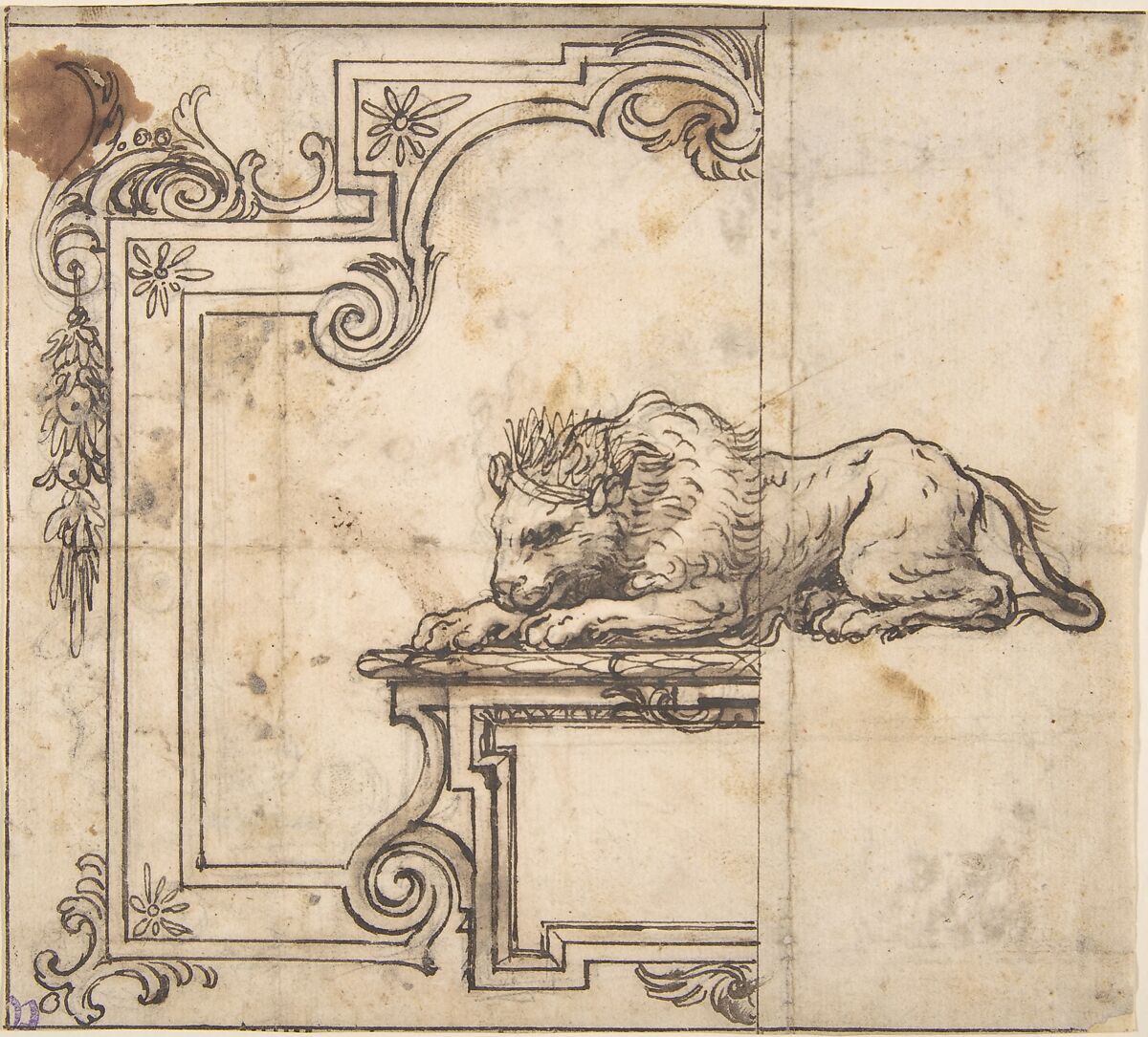 Design for a Frame with Two Compartments and a Crowned Lion, Anonymous, Italian, 17th century, Pen and brown ink over traces of graphite (or black chalk) underdrawing 