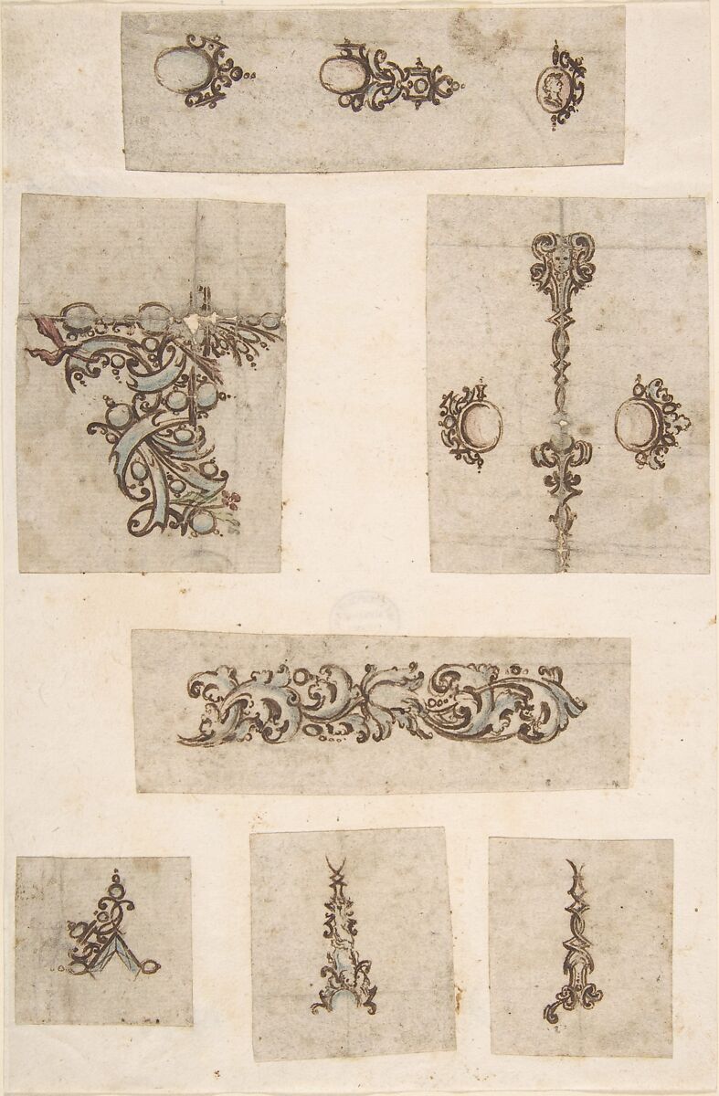 Sheet of Jewelry Designs, Anonymous, Italian, 17th century, Pen and brown ink, brush with blue watercolor, over faint traces of ruled graphite construction 