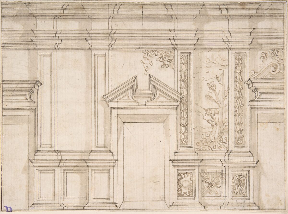 Design for a Wall Elevation with Garlands and a Landcape Scene, Anonymous, Italian, 17th century, Pen and brown ink, brush and brown wash, over ruled graphite construction 