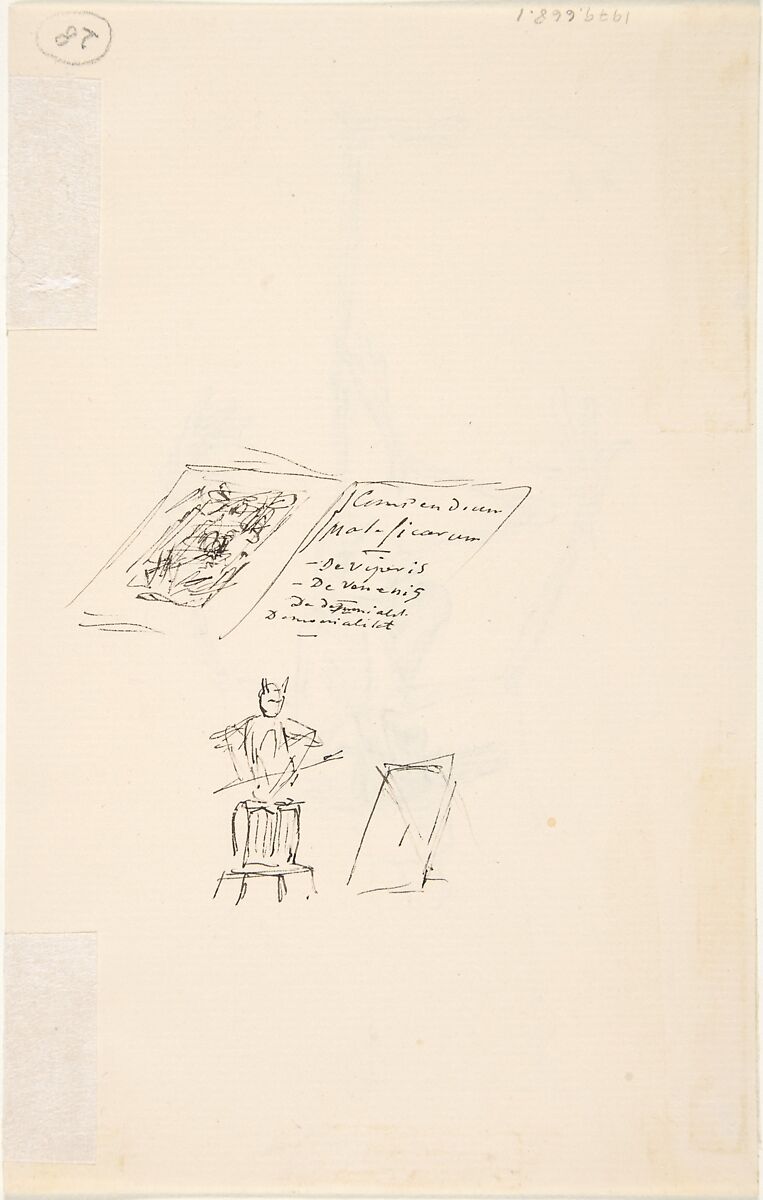 Study of Patin (recto); Sketch of an Open Book, "Compendium Maleficarum" (verso), Félicien Rops (Belgian, Namur 1833–1898 Essonnes), Pen and ink on paper