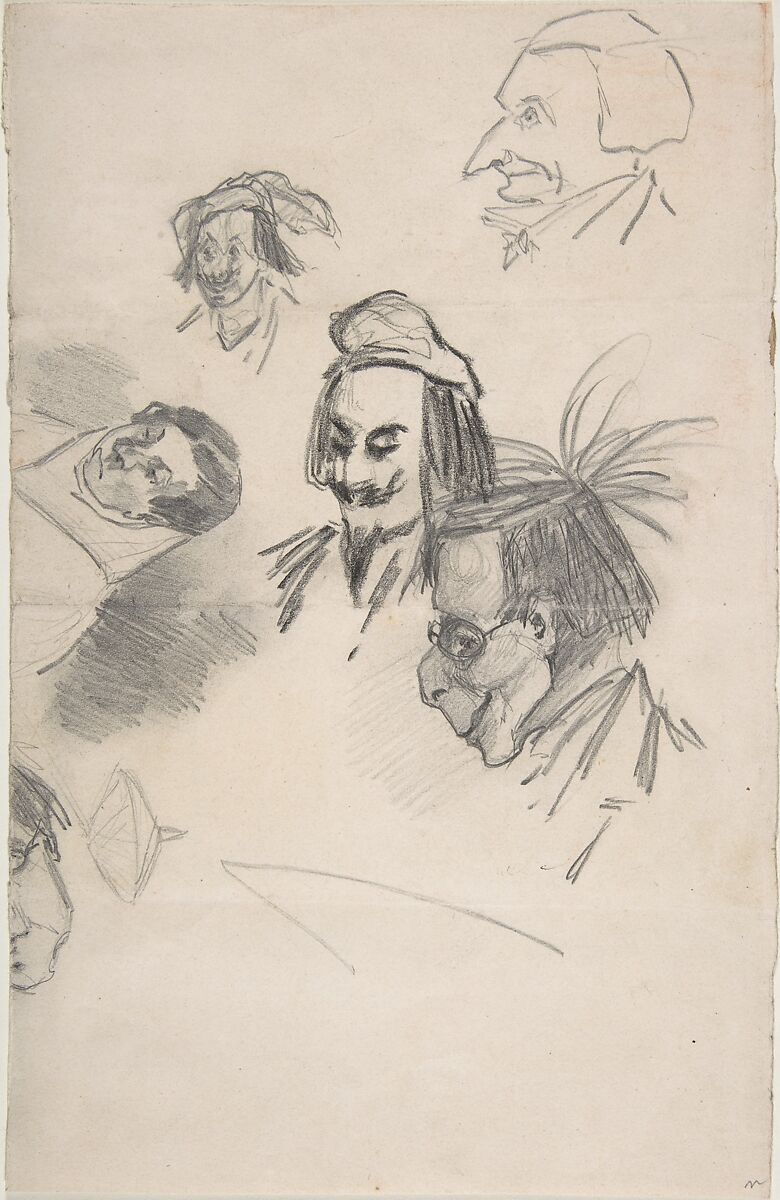Sketches of Six Heads in Profile (caricatures?) (recto); Sketch of Head and Blank Rectangle (verso), Félicien Rops (Belgian, Namur 1833–1898 Essonnes), Graphite and black chalk on paper 