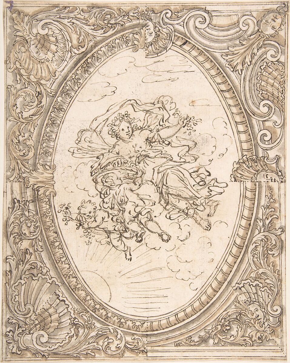 Design for a Ceiling with the Allegory of Dawn, Anonymous, Italian, 17th century or, Pen and brown ink, with brush and brown and gray wash, over traces of graphite underdrawing. 