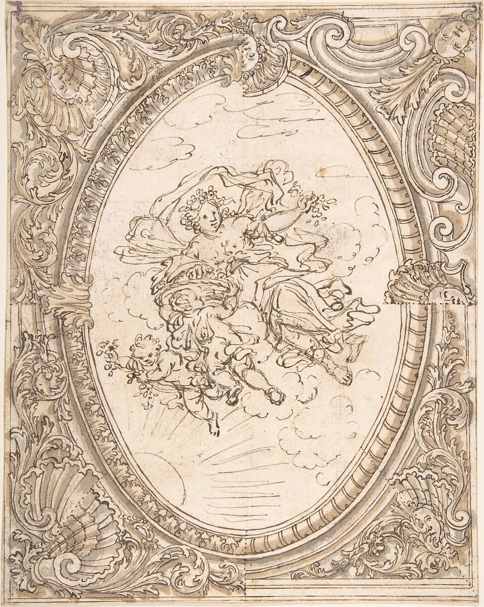 Design for a Ceiling with the Allegory of Dawn, Anonymous, Italian, 17th century or, Pen and brown ink, with brush and brown and gray wash, over traces of graphite underdrawing 