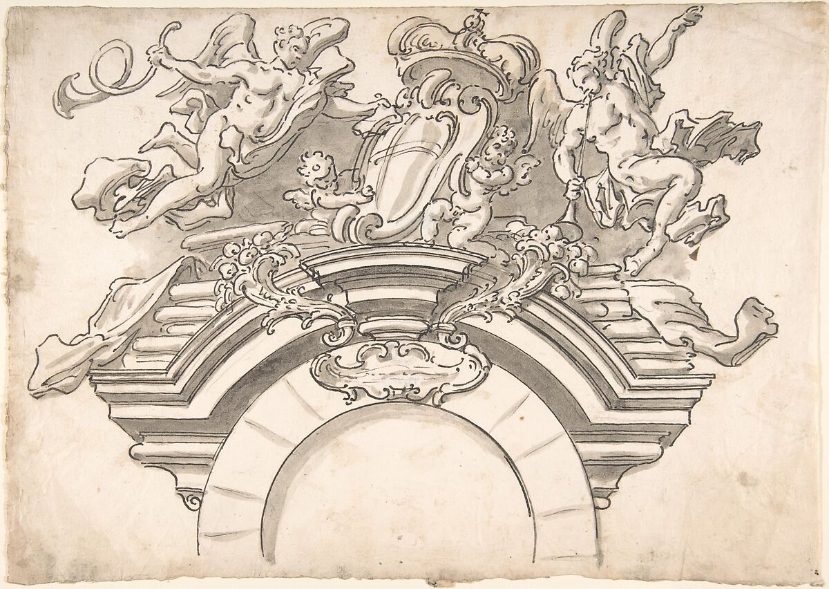 Putti Supporting Coat of Arms above Archway, Anonymous, Italian, 17th or 18th century, Pen and brown ink, brush and gray-brown wash, over traces of graphite underdrawing 