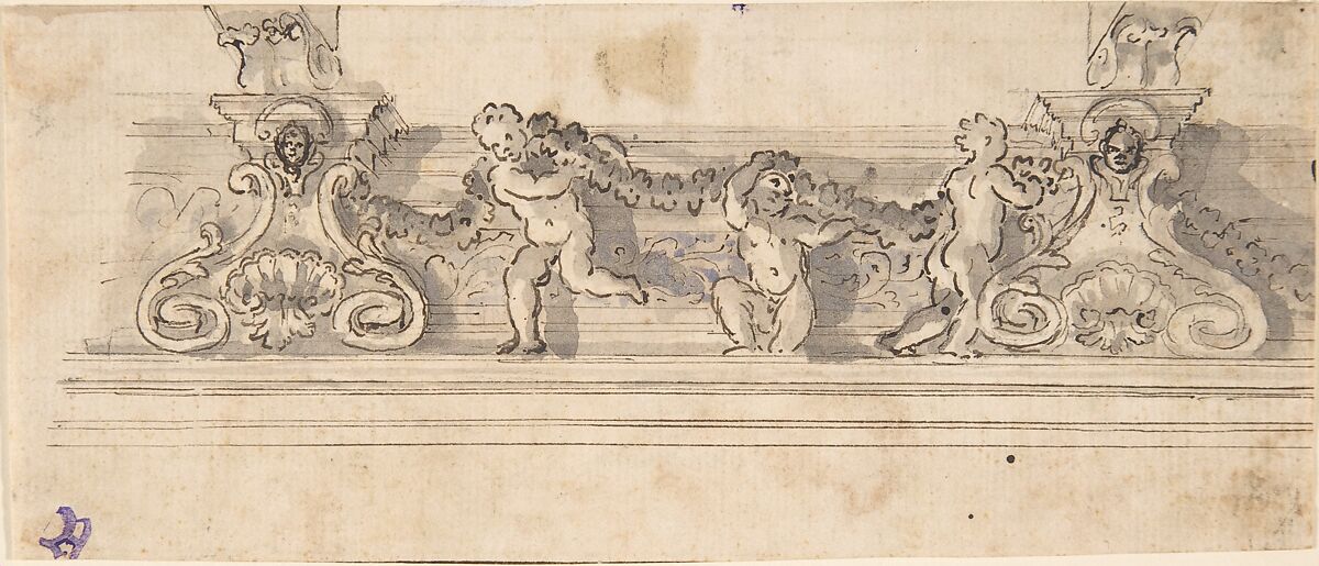 Design for the Decoration of a Cornice with Putti holding a Garland (recto); Red Chalk Sketches (verso), Anonymous, Italian, 17th century, Pen and brown ink over ruled lines and black chalk underdrawing, with brush and gray and blue wash (recto); red chalk (verso) 