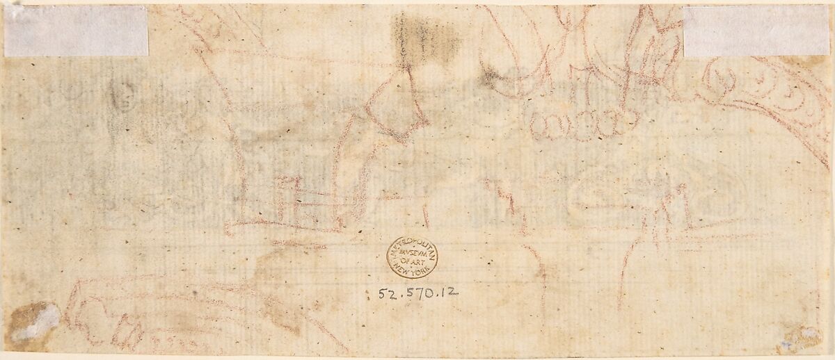 Design for the Decoration of a Cornice with Putti holding a Garland (recto); Red Chalk Sketches (verso), Anonymous, Italian, 17th century, Pen and brown ink over ruled lines and black chalk, with brush and gray and blue wash (recto); red chalk (verso)