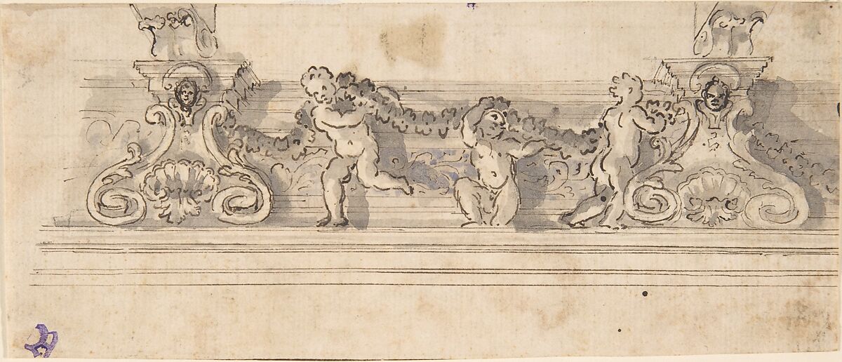 Design for the Decoration of a Cornice with Putti holding a Garland (recto); Red Chalk Sketches (verso), Anonymous, Italian, 17th century, Pen and brown ink over ruled lines and black chalk, with brush and gray and blue wash (recto); red chalk (verso)