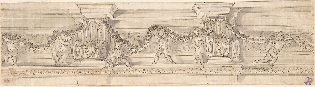 Frieze with Consoles, Putti, and Garlands (Recto); Fragment of Architectural design (Verso), Anonymous, Italian, 17th century, Pen and brown ink, brush and gray wash, over traces of graphite underdrawing and ruled construction 