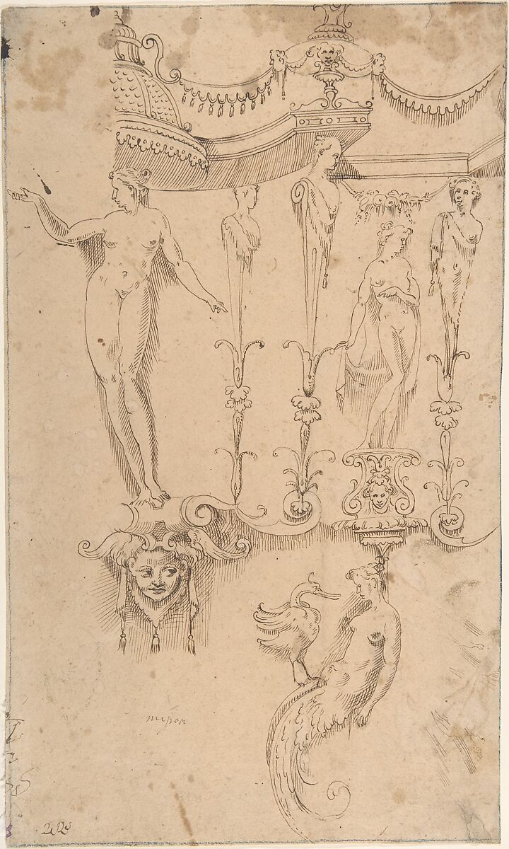 Studies for Grotesque Decorations (Recto); Small Sketches and Writing (Verso), Anonymous, Italian, 17th century, Pen and brown ink (recto and verso) 