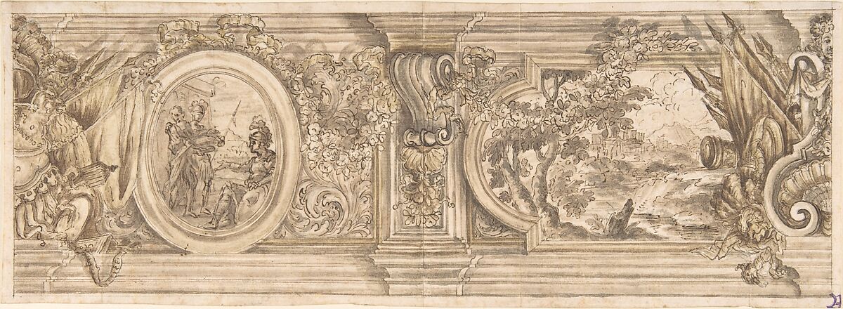 Architectural Design with a Decorated Frieze Containing a History Scene and Landscape, Anonymous, Italian, 17th century, Pen and brown ink, brush and brown wash, over traces of graphite underdrawing. 