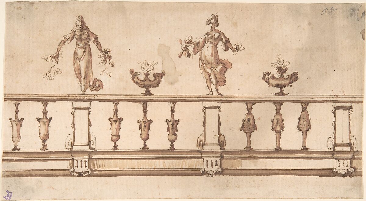 Design for a Balustrade with Female Figures and Urns, Giulio Parigi (Italian, 1571–1635 Florence), Pen and brown ink, brush and brown wash and pink watercolor, over graphite and ruled construction 