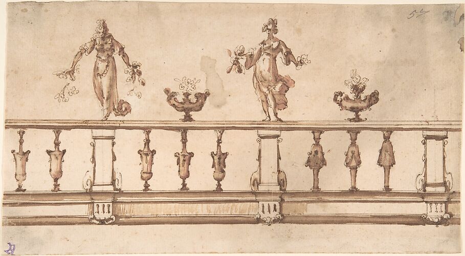 Design for a Balustrade with Female Figures and Urns