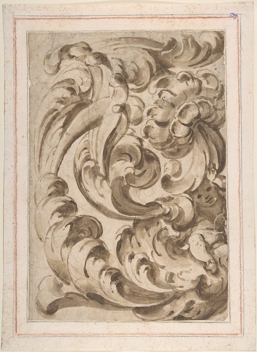 Overall Pattern of Acanthus Scrolls with a Putto, Anonymous, Italian, 17th century, Brush and brown wash, over graphite underdrawing 