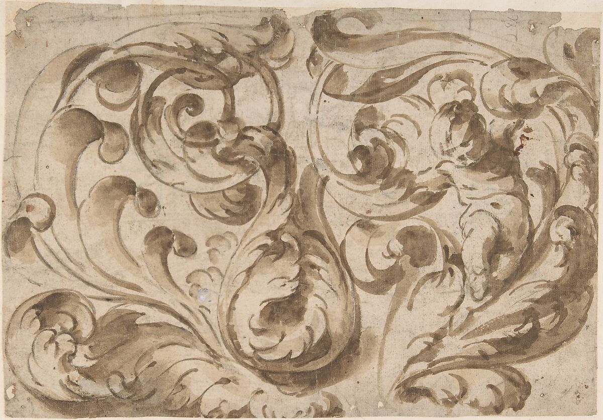 Overall Pattern with Acanthus Scrolls and a Chubby Putto, Anonymous, Italian, 17th century, Brush and brown wash, over graphite underdrawing 