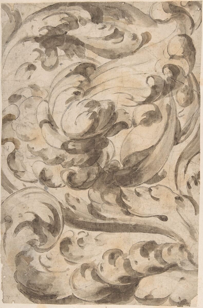 Overall Pattern of Acanthus Scrolls, Anonymous, Italian, 17th century, Brush and gray-brown wash, over graphite underdrawing 