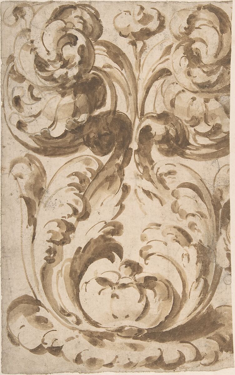 Symmetrical Design of Upward Growing  Acanthus Scrolls, Anonymous, Italian, 17th century, Brush and brown wash, over graphite underdrawing 