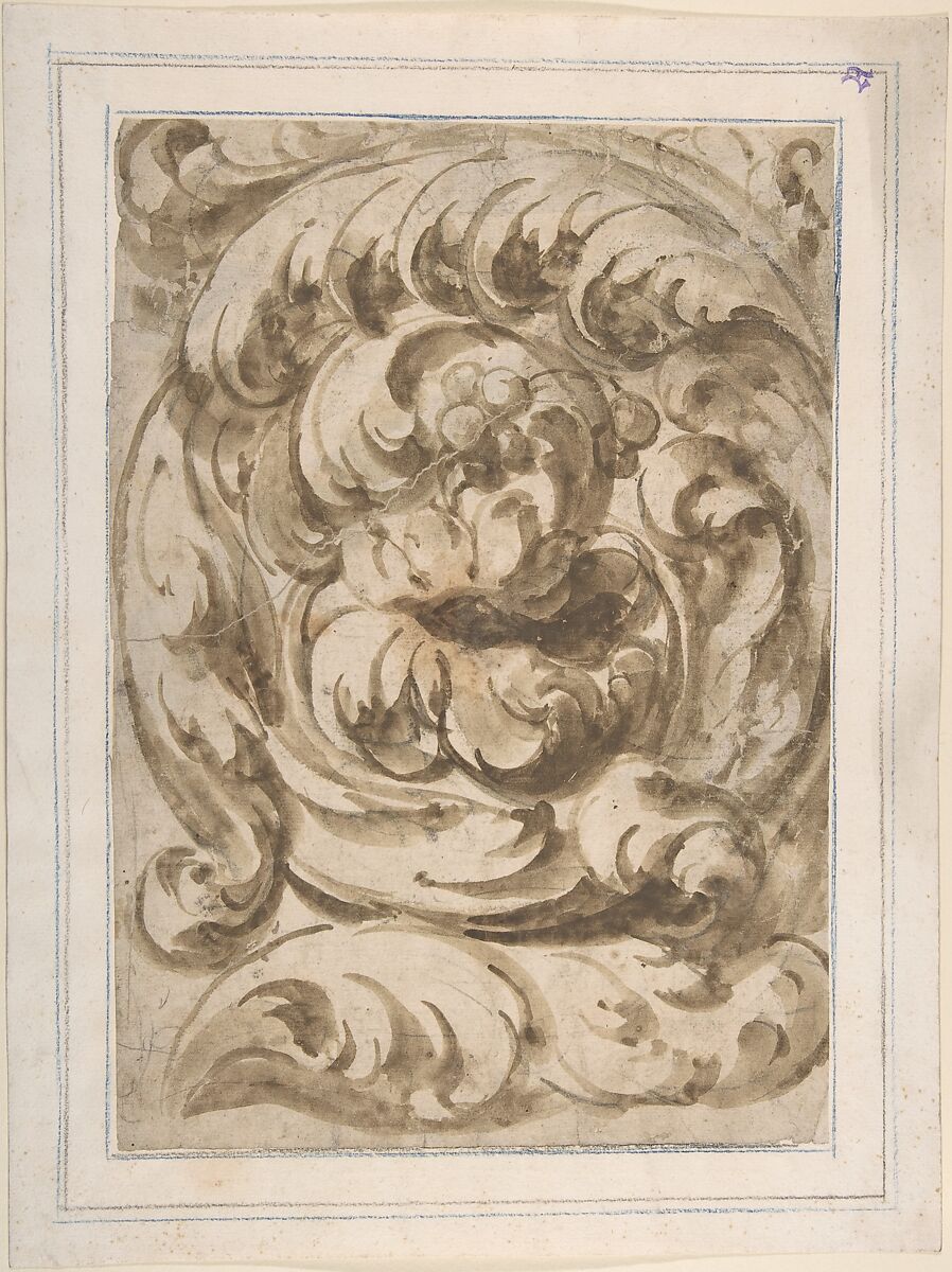 Acanthus Scroll, Anonymous, Italian, 17th century, Brush and brown wash, over graphite or black chalk underdrawing 