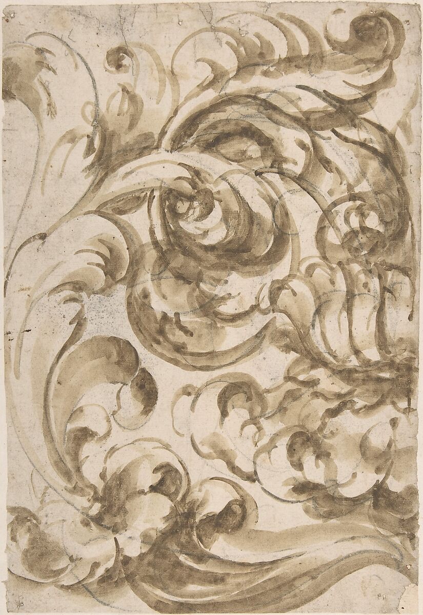 Acanthus Scroll, Anonymous, Italian, 17th century, Brush and brown wash, over graphite underdrawing 