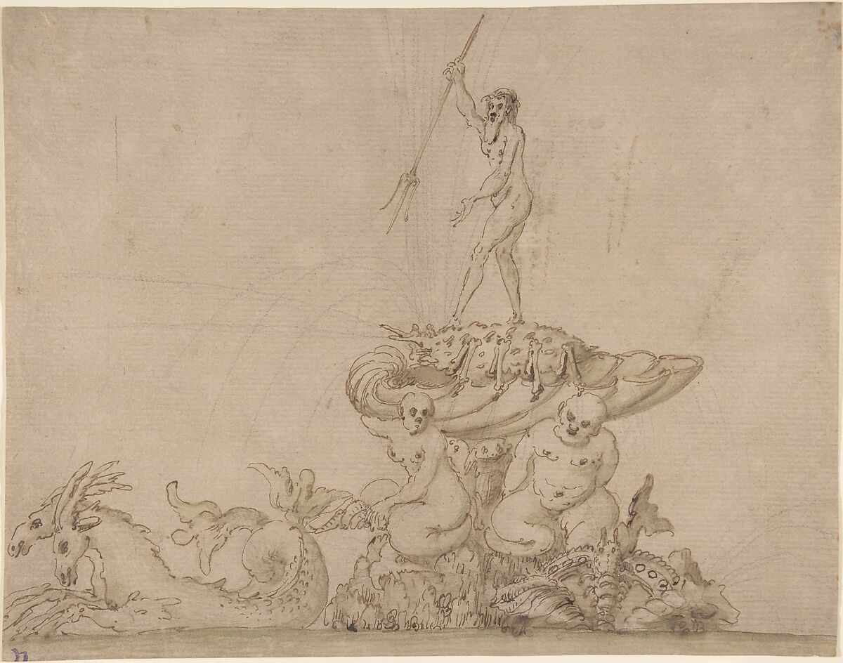 Fountain with Neptune and Sea Creatures, Anonymous, Italian, 17th century, Pen and brown ink, with brown wash 