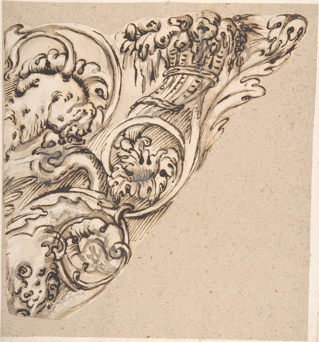Fountain with Neptune and Sea Creatures, Anonymous, Italian, 17th century, Pen and brown ink, with brown wash