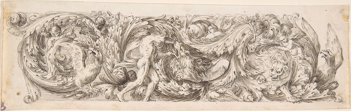 Frieze with Acanthus Scrolls and a Man (Hercules?) fighting a Lion, Connected with Jean Le Pautre (French, Paris 1618–1682 Paris), Pen and brown ink, on vellum, over traces of black chalk 