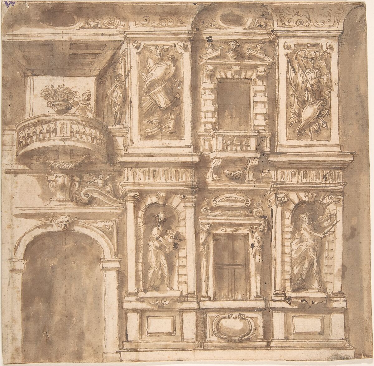 Design for a Facade with Statues in Niches and Armorial Trophies, Anonymous, Italian, 17th century, Pen and brown ink, brush and brown wash, over graphite underdrawing 