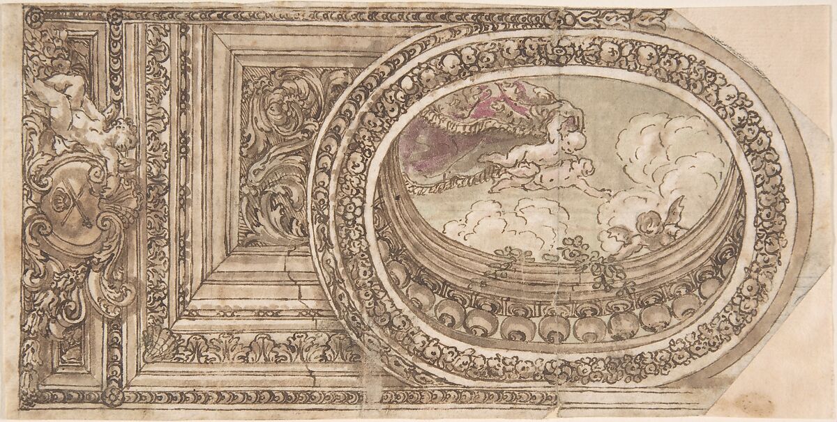 Design for a Ceiling with an Oval Trompe L'Oeil Painting, Anonymous, Italian, 17th century, Pen and brown ink, brush and brown wash, and watercolor, over traces of graphite underdrawing and ruled construction 