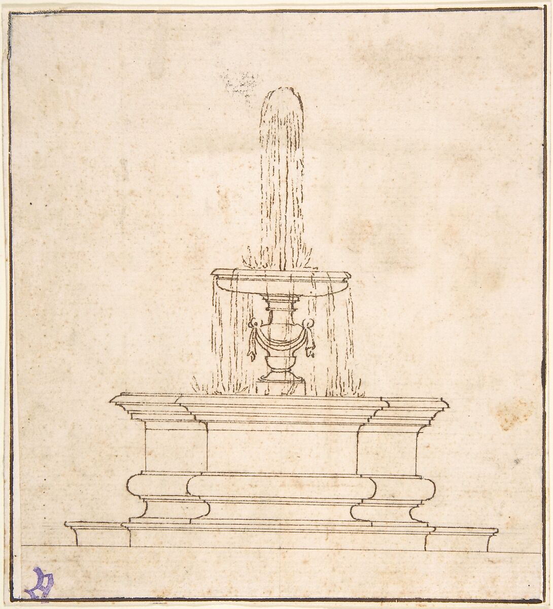 Project for a Fountain, Anonymous, Italian, 16th to 17th century, Pen and brown ink, over traces of graphite underdrawing and ruled construction 