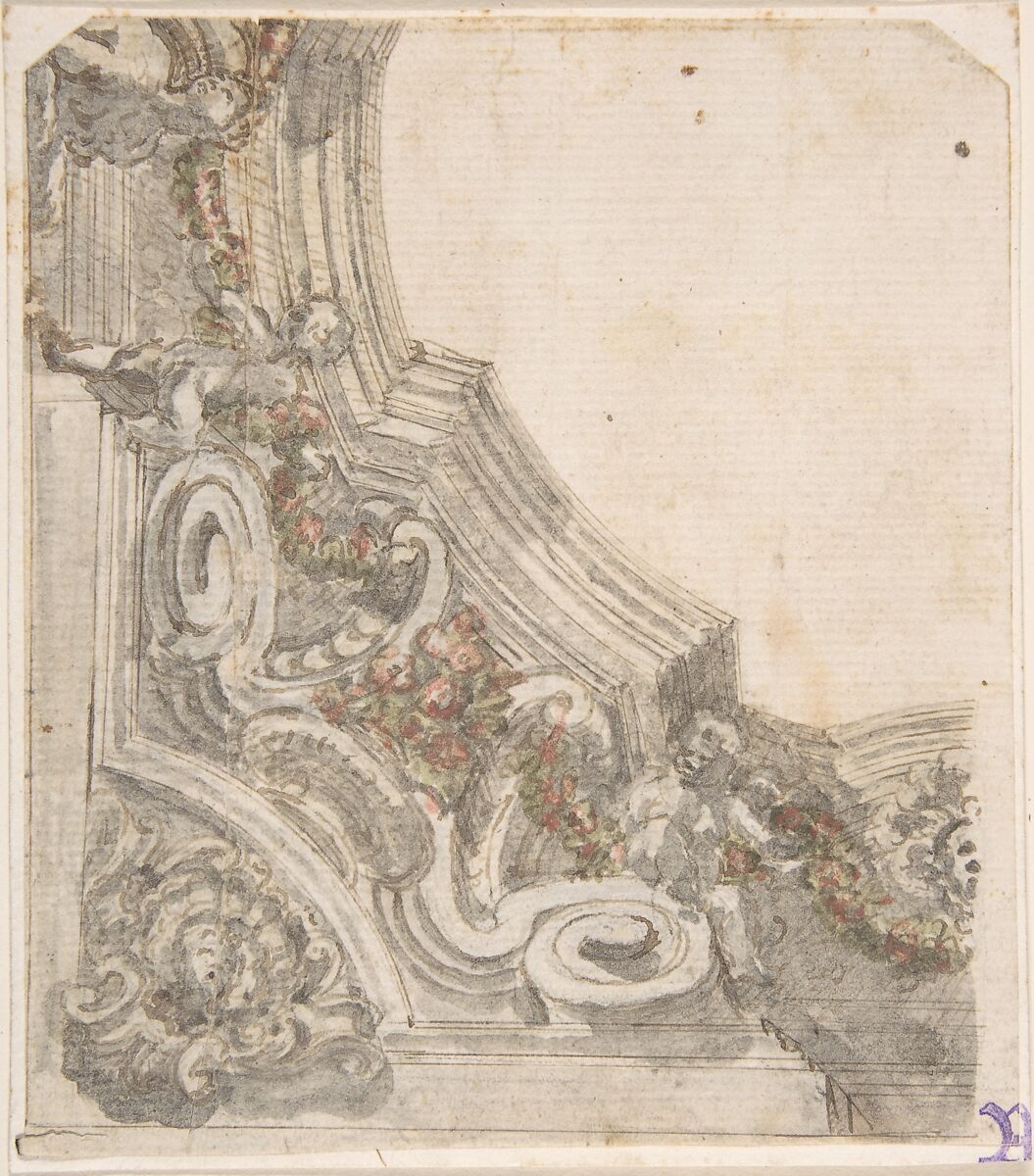 Design for the Decoration of the Corner of a Ceiling, Anonymous, Italian, 17th century, Pen and brown ink, brush and gray wash and watercolor, over traces of graphite underdrawing and ruled construction 