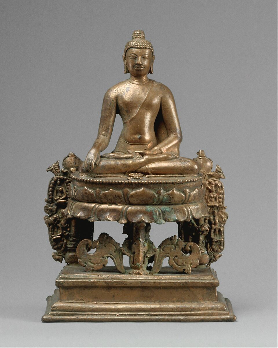 Lotus-Enthroned Buddha Akshobhya, the Transcendent Buddha, Bronze, Bangladesh (probably Comilla District) 