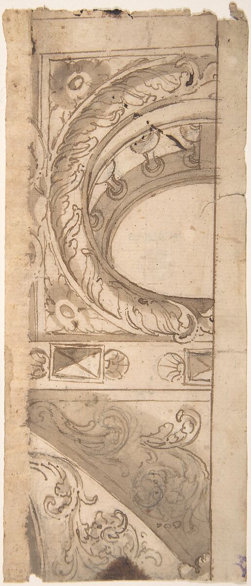 Partial Design for a Ceiling with Oculus, Anonymous, Italian, 17th century, Pen and brown ink, brush and brown wash, over graphite underdrawing 