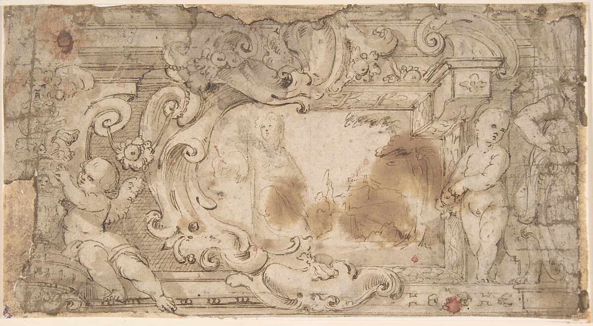 Design for a Cartouche with a Variant, Anonymous, Italian, 17th century, Pen and brown ink, brush and brown wash, over traces of graphite ruled construction 