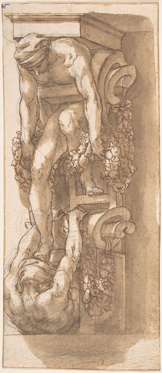 Design for a Bracket or Console with Two Figures caught in Strapwork, Anonymous, Italian, 17th century, Pen and brown ink, brush and brown wash, over graphite underdrawing and ruled construction 