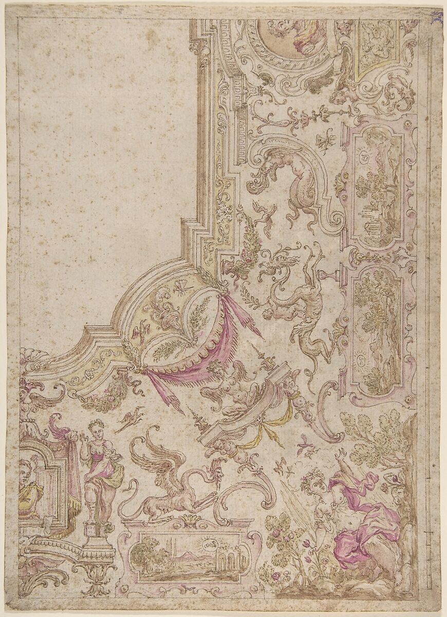 Design for a Quarter of a Ceiling with Grotesque Decorations, Anonymous, Italian, 17th century, Pen and brown ink, brush with light brown wash, watercolor 
