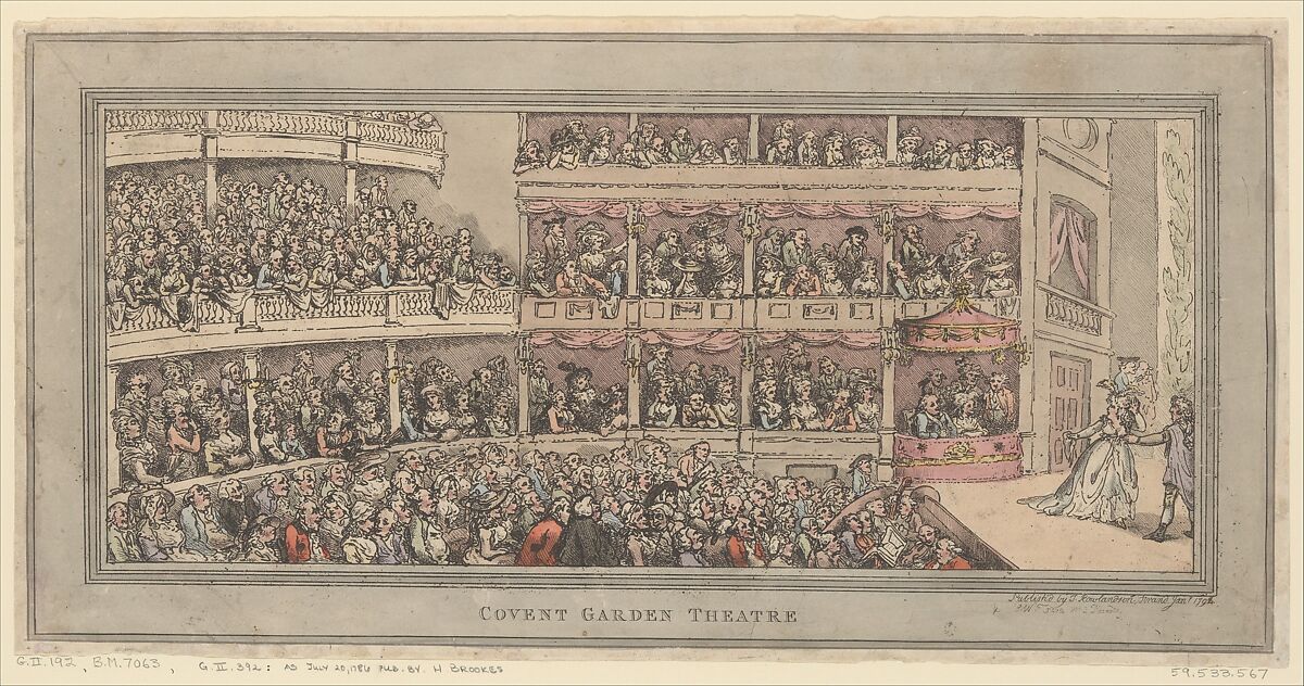 Covent Garden Theatre, Thomas Rowlandson (British, London 1757–1827 London), Hand-colored etching and aquatint 