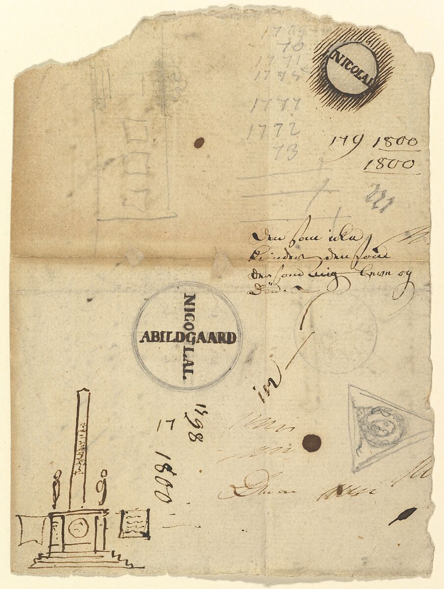 Notes with a studies for the Column of Liberty (Frihedstøtten), Nicolai Abraham Abildgaard (Danish, Copenhangen 1743–1809 Frederiksdal), Pen and brown ink, graphite 
