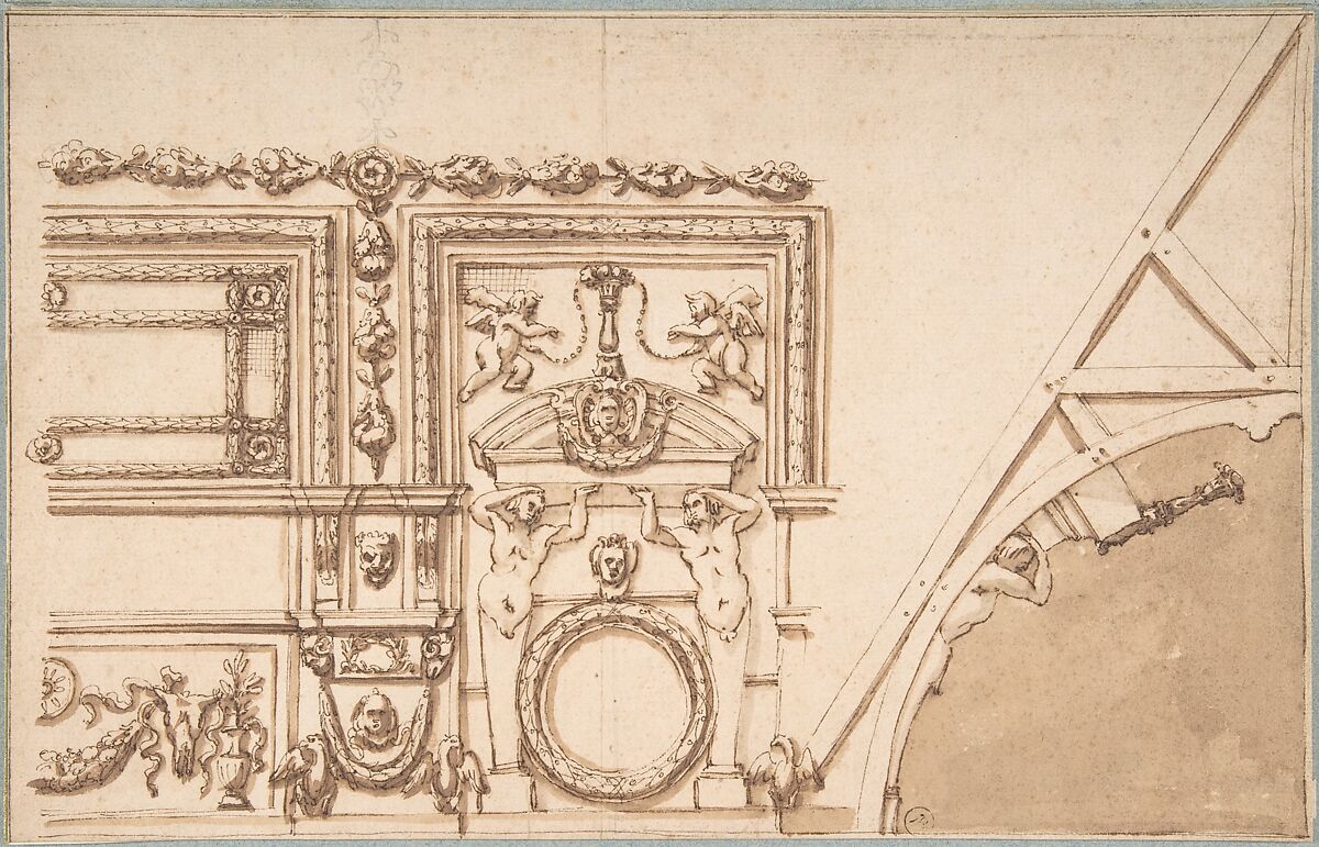 Drawing for Ceiling Decoration, Anonymous, Italian, 17th century, Pen and brown ink, brush and brown wash, over graphite underdrawing and ruled construction 