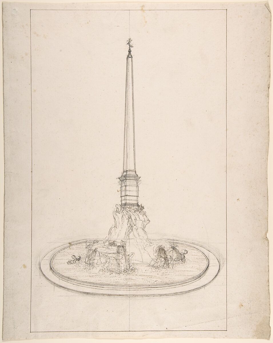 Fountain with Obelisk, Anonymous, Italian, 18th to 19th century, Pen and brown ink, over graphite underdrawing and ruled construction; framing outline in pen and brown ink 