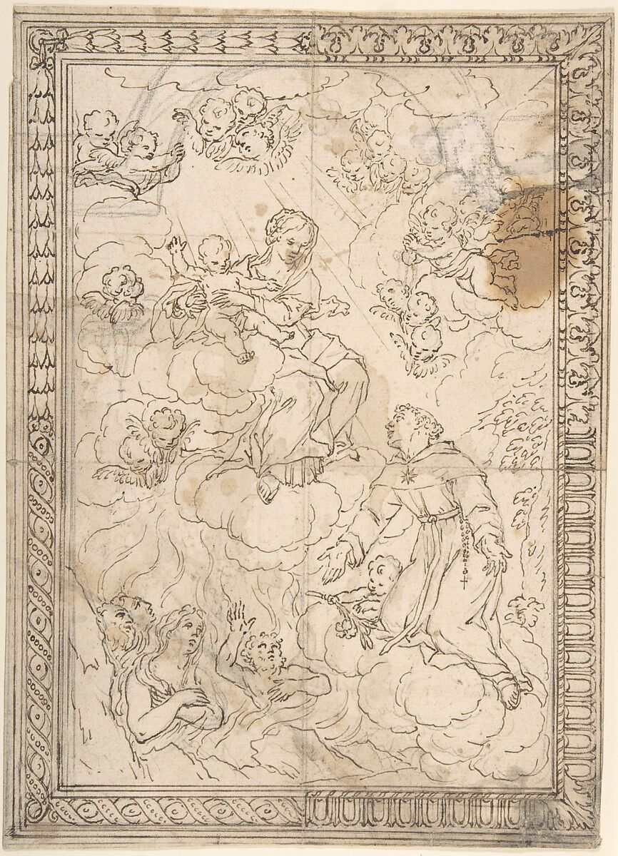 Kneeling Saint and Lost Souls before the Madonna and Child, with Four Alternate Border Designs, Anonymous, Italian, 17th century, Pen and brown ink, over graphite underdrawing 