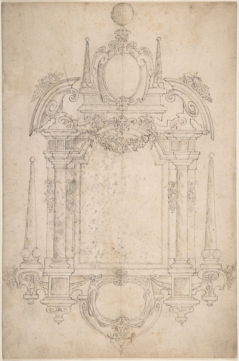 Design for a Tomb or Wall Monument, Anonymous, Italian, 17th century, Pen and brown ink, over traces of graphite and ruled underdrawing 