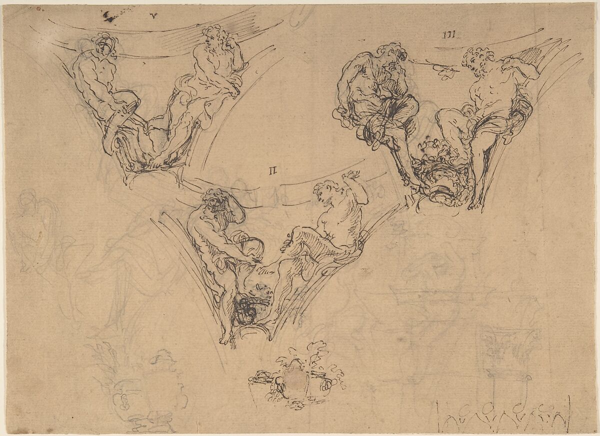 Three Studies for Spandrel Figures, Anonymous, Italian, 17th century, Pen and brown ink, over graphite underdrawing 