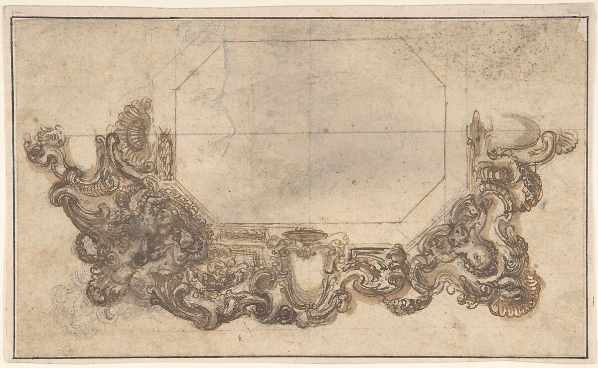 Right Half of Mirror Frame Design, Anonymous, Italian, 17th century, Pen and brown ink, over graphite underdrawing and ruled construction 