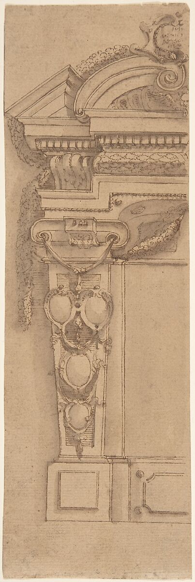 Left Half Design for Wall Monument with Escutcheon Motif, Anonymous, Italian, 17th century, Pen and brown ink, brush and brown wash, 
